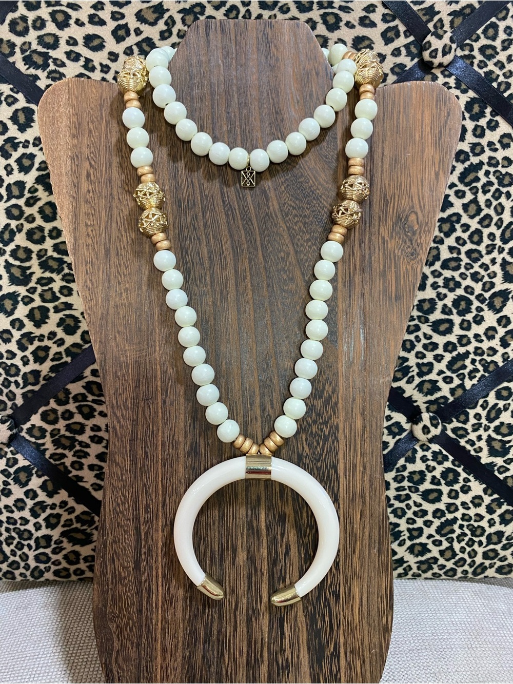 Statement Beaded Necklace w/ Cream Horseshoe/Crescent Pendant & Gold Accents